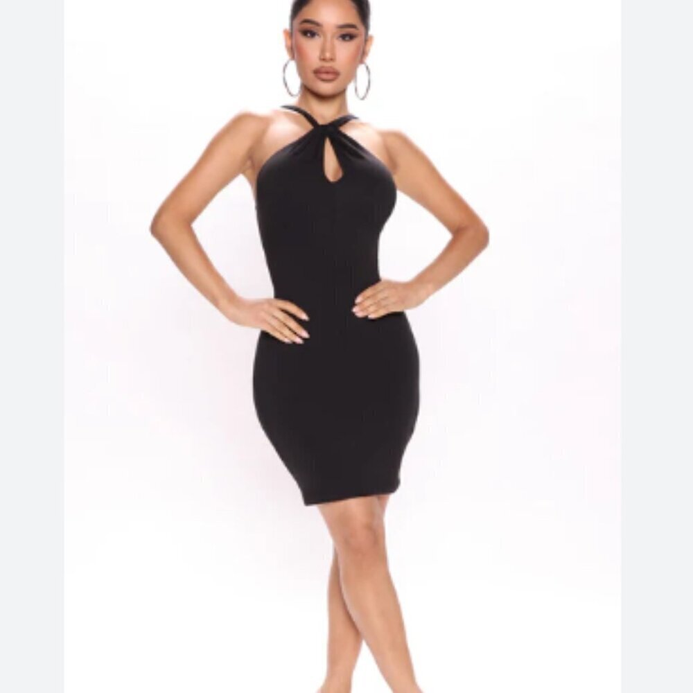 NEW Fashion Nova Gina Dress- Size Medium - Black Halter Criss Cross